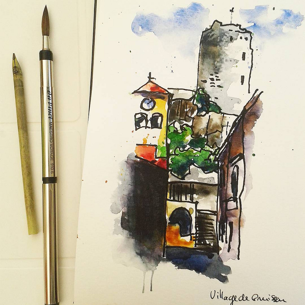 1024x1024 Gruissa Village. Bamboo Pen, Ink And Watercolor.