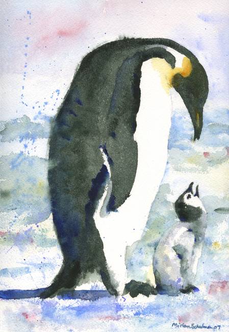 449x650 Penguin Parent, Watercolor Painting Of Baby Bird I By Miriam Schulman