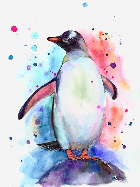 570x760 Penguin Watercolor Print, Colorful Penguin Wall Art, Penguin
