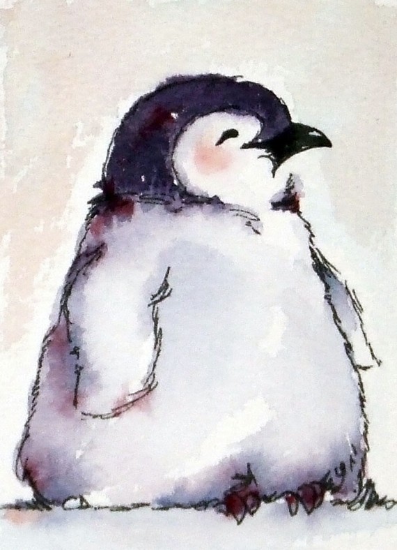 570x788 Baby Emperor Penguin Watercolor Painting