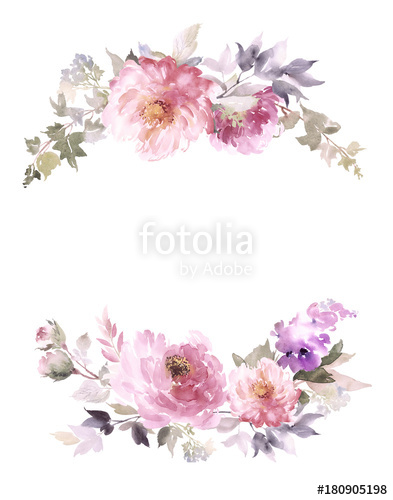 393x500 Greeting Card With Peonies Watercolor Painting. Stock Photo And