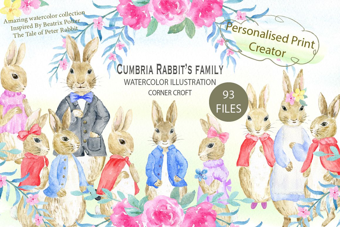 1158x772 Cumbria Rabbit Family, Mum, Dad, Sisters, Watercolor Illustration