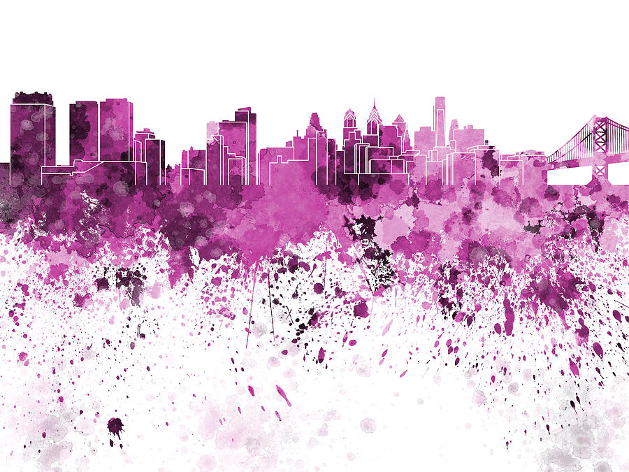 900x675 Philadelphia Skyline In Pink Watercolor On White Background
