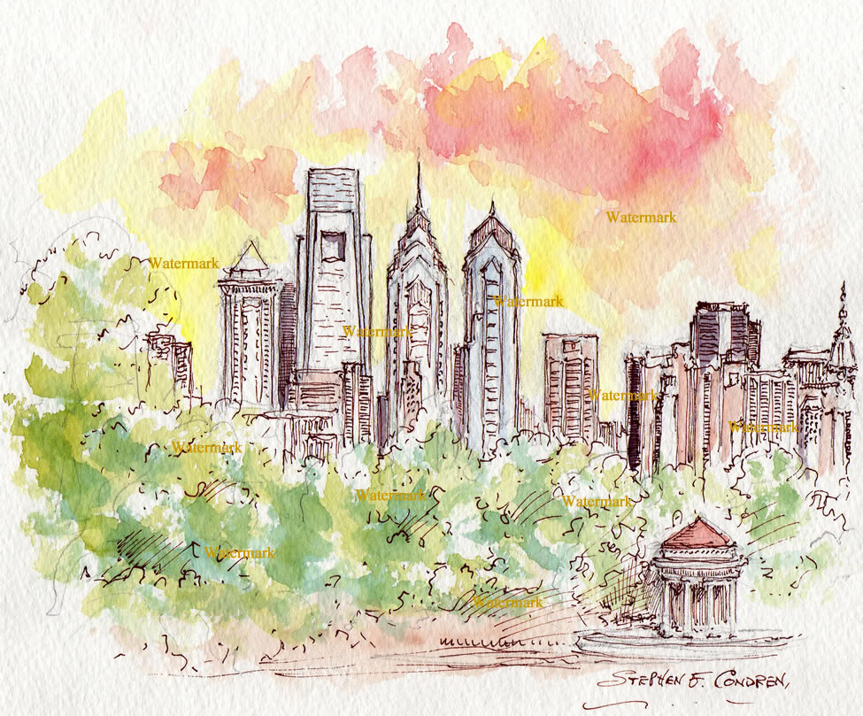 975x809 Philadelphia Skyline Watercolor Painting At Sunset