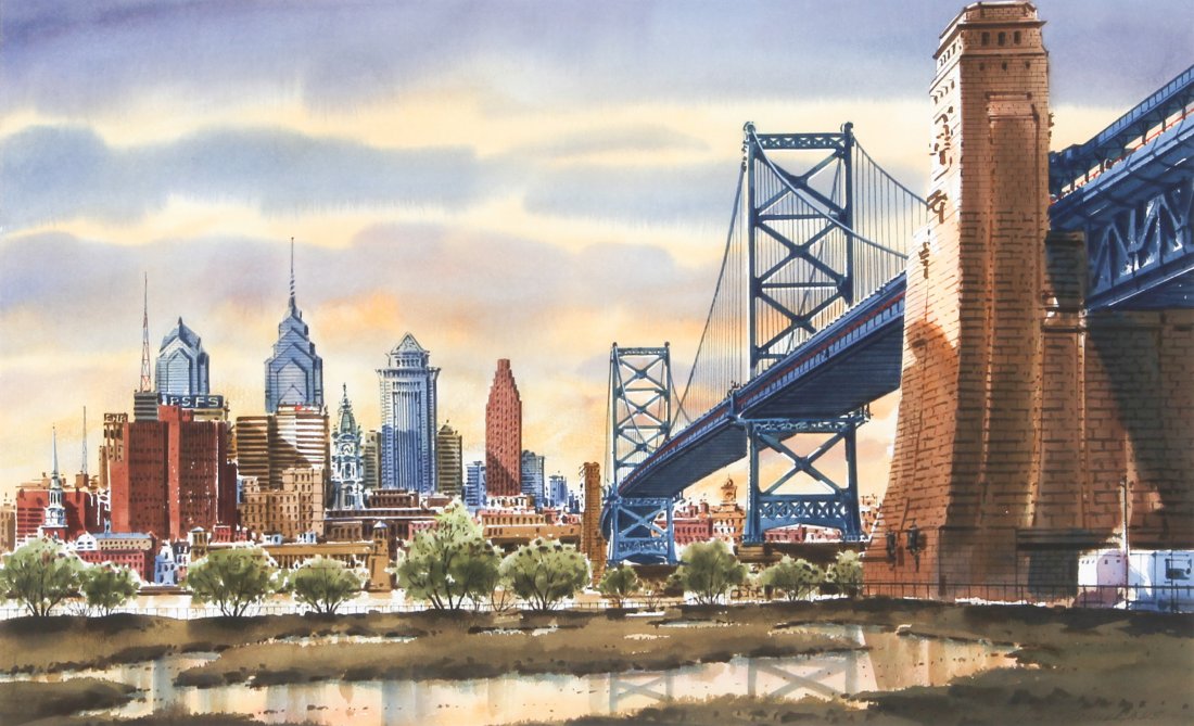 1100x669 Ressler, Watercolor, Philadelphia Skyline And Bridge