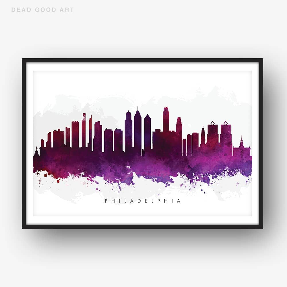 1000x1000 Philadelphia Skyline, Purple Watercolor Print Dead Good Art
