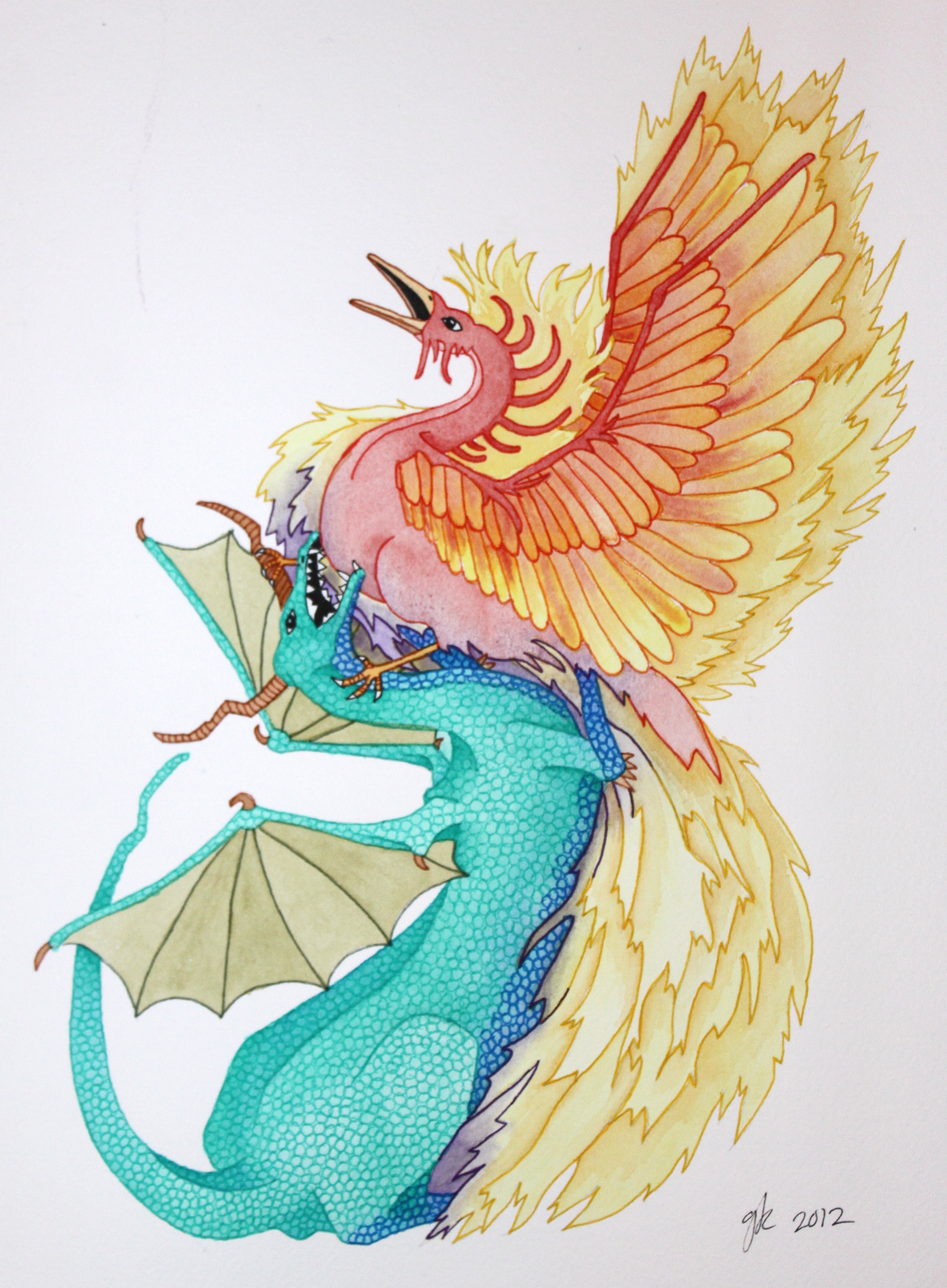 3021x4111 Dragon Vs. Phoenix In Watercolor Afternoon Artist