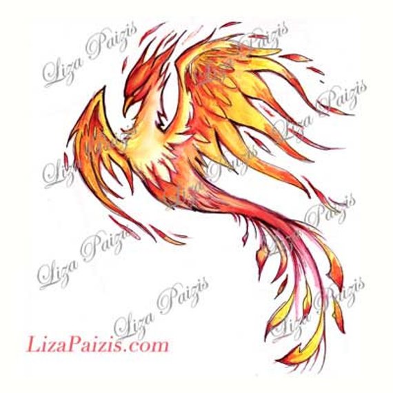 570x570 Fire Flame Phoenix Watercolor Tattoo Design By Liza Paizis Etsy