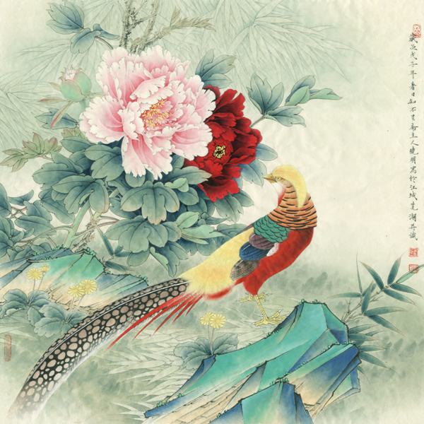 600x600 Free Shipping Classical Phoenix Bird Peony Scenery Oil Painting