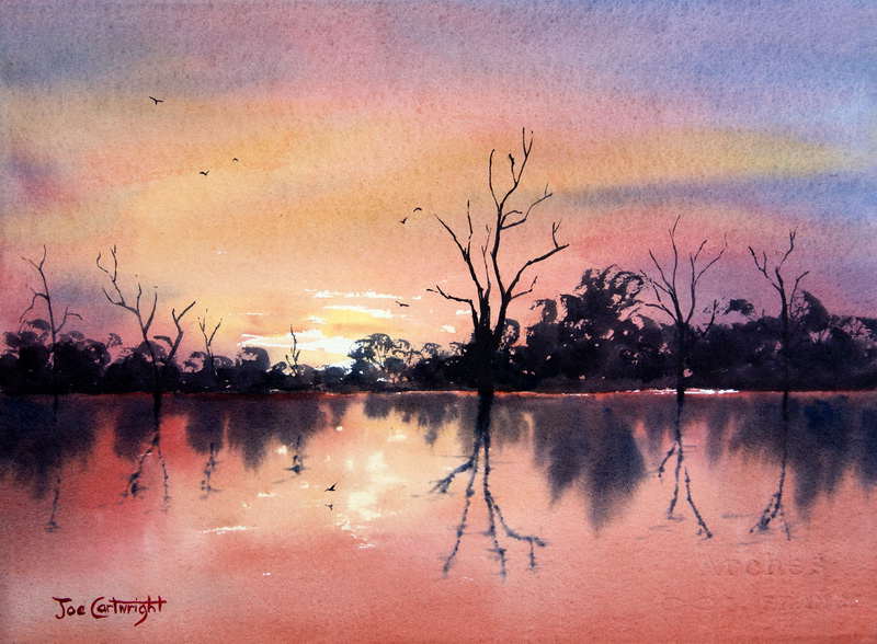 800x588 Lake Bonney Red Sunset Watercolor Painting South Australia