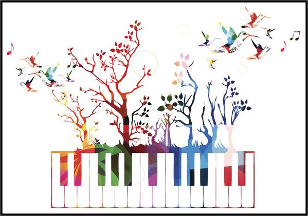 599x421 Rainbow Watercolor Piano Keys Forest Plant Growth Cartoon Vinyl