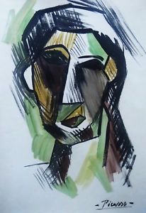 206x300 Unique Watercolor And Tempera Painting, Cubist Bust, Signed Pablo