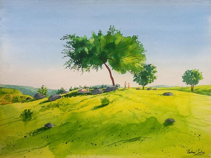 720x539 Picnic By Artist Rahul Salve Landscape Art Watercolor Paintings