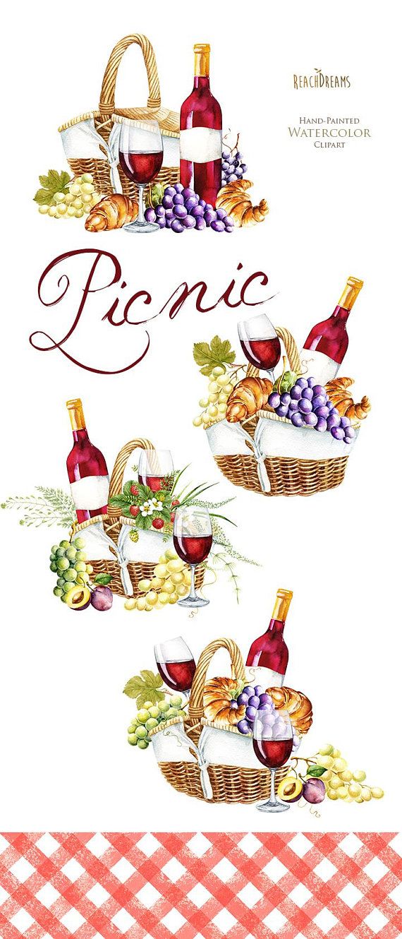 570x1330 Picnic Watercolor Clipart, Picnic Basket, Picnic Hamper, Wine