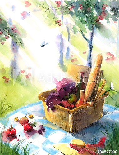 383x500 Watercolor Picnic Basket Food Wine Nature Recreation Vacation