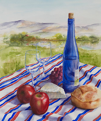 350x420 Wine, Bread, Apples, Cheese In Watercolor By Artist Lisa Hill