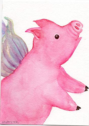 352x500 Original Flying Pig Watercolor Painting, Pink Flying