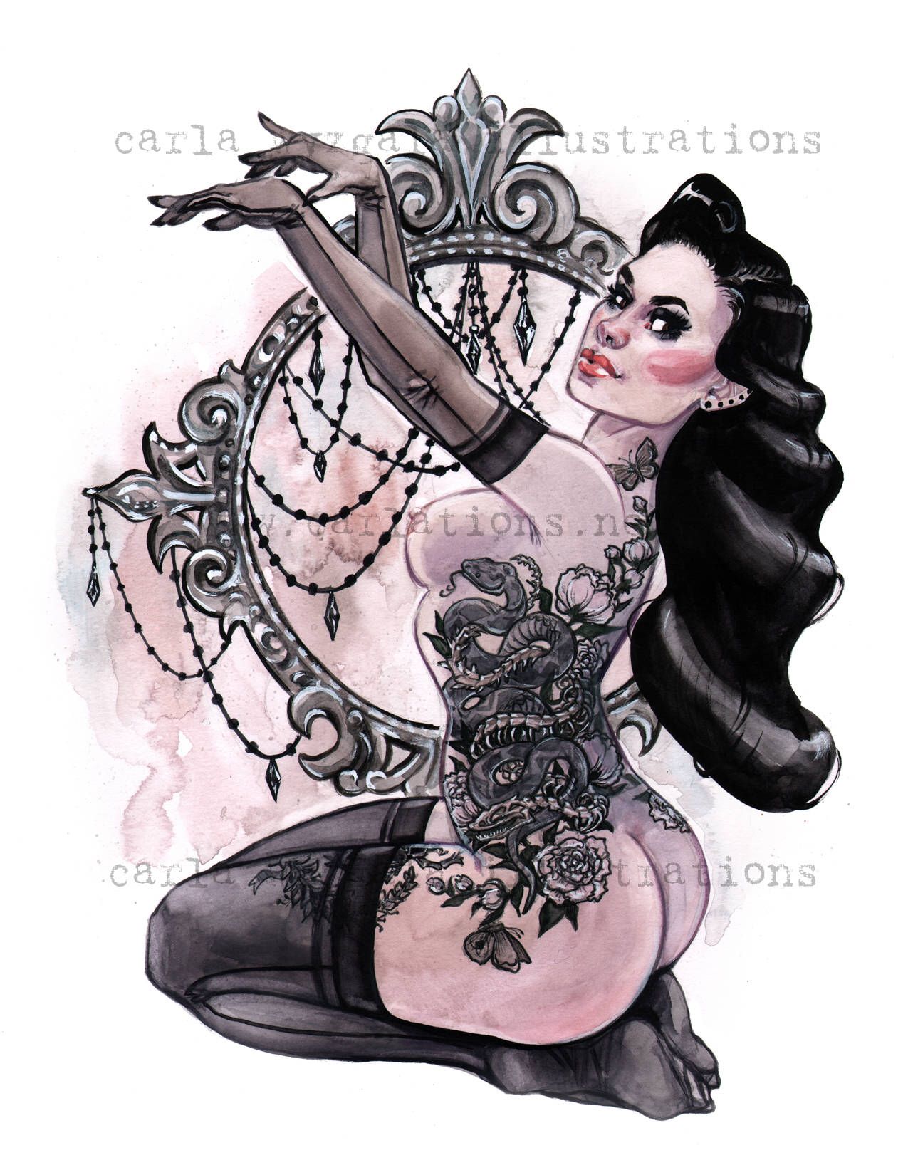 1275x1650 Gothic Tattoo Burlesque Lingerie Pin Up Watercolor Art Print By