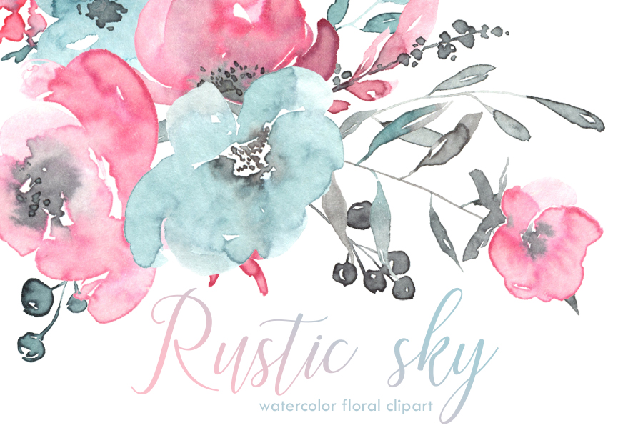 900x599 Rustic Pink, Blue Watercolor Flowers