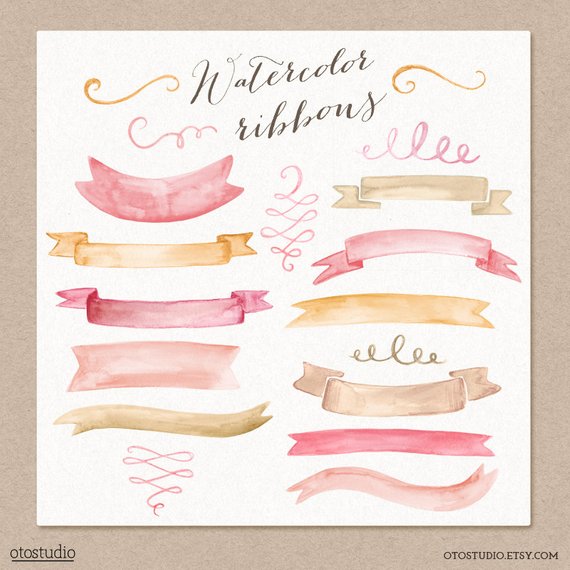570x570 Watercolor Cliparts Ribbons And Swashes Pink Gold Digital Etsy