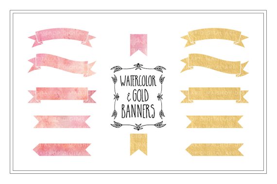 570x379 Banner Clip Art Watercolor Amp Gold Foil Png Banners Pink And Etsy