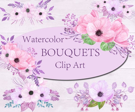 570x475 Watercolor Floral Bouquets Clipart Pink Flowers Bouquet Etsy