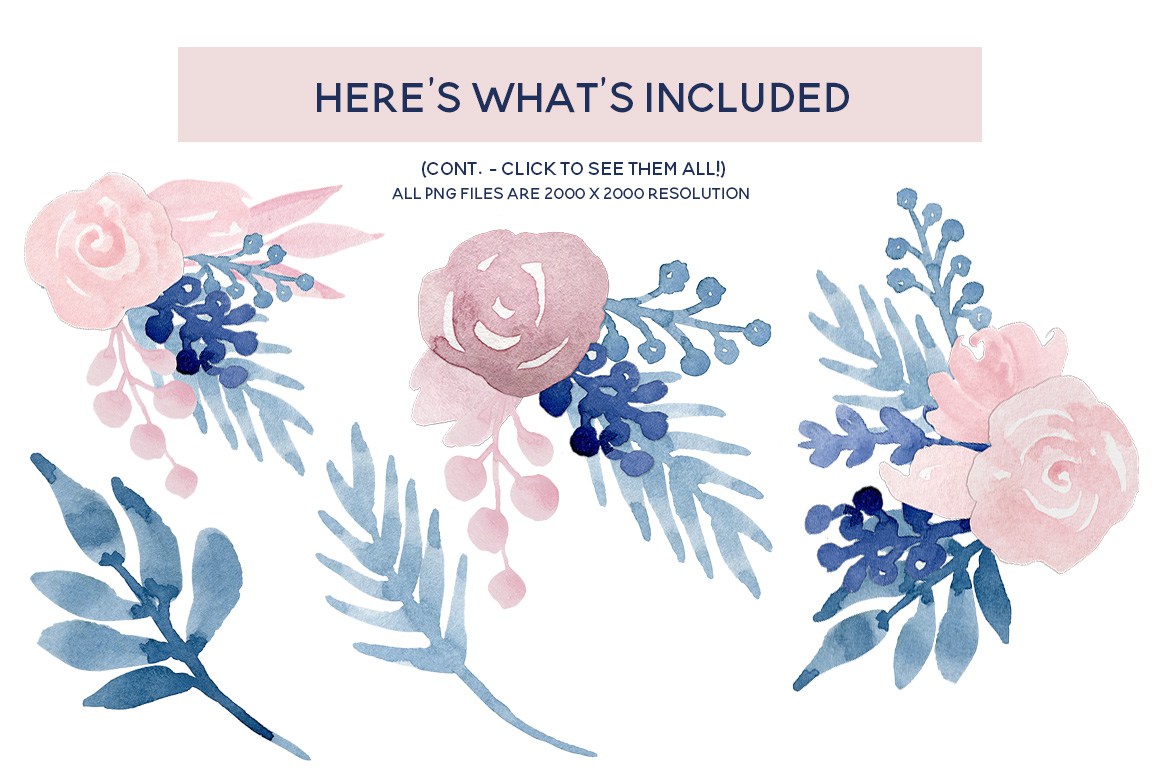 1160x772 Watercolor Flower Navy Blue Blush Pink Floral Clip Art