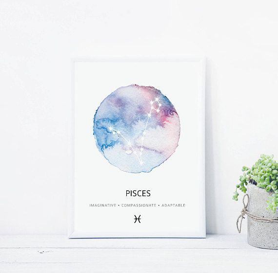 570x558 Pisces Constellation Art Print, Pisces Watercolor Print, Pisces