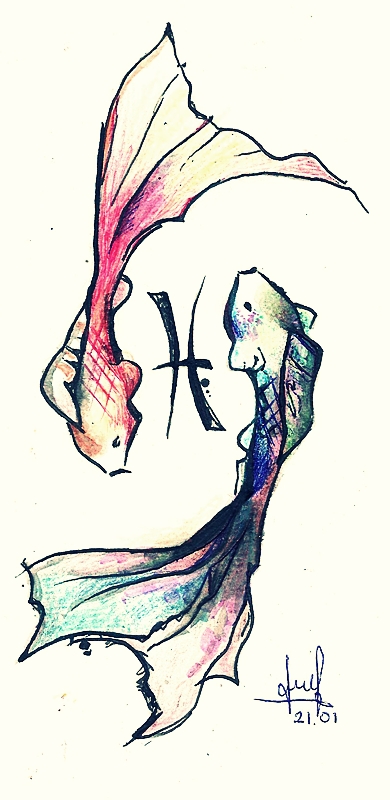 390x800 Watercolor Pisces With Symbol Tattoo Design By Kira