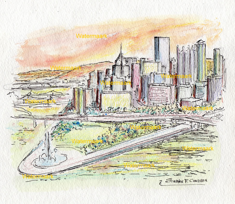975x845 Pittsburgh Skyline Watercolor Painting Of Downtown At Sunset