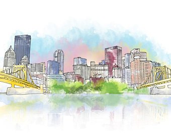 340x270 Fort Pitt Bridge And Downtown Pittsburgh Ink And Watercolor Etsy