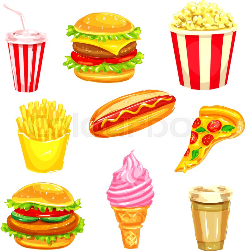 780x800 Fast Food And Drinks Watercolor Illustration Set. Hamburger