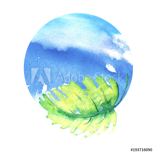 500x497 Green Branch With Leaves And Blue Planet Earth. A Round Watercolor
