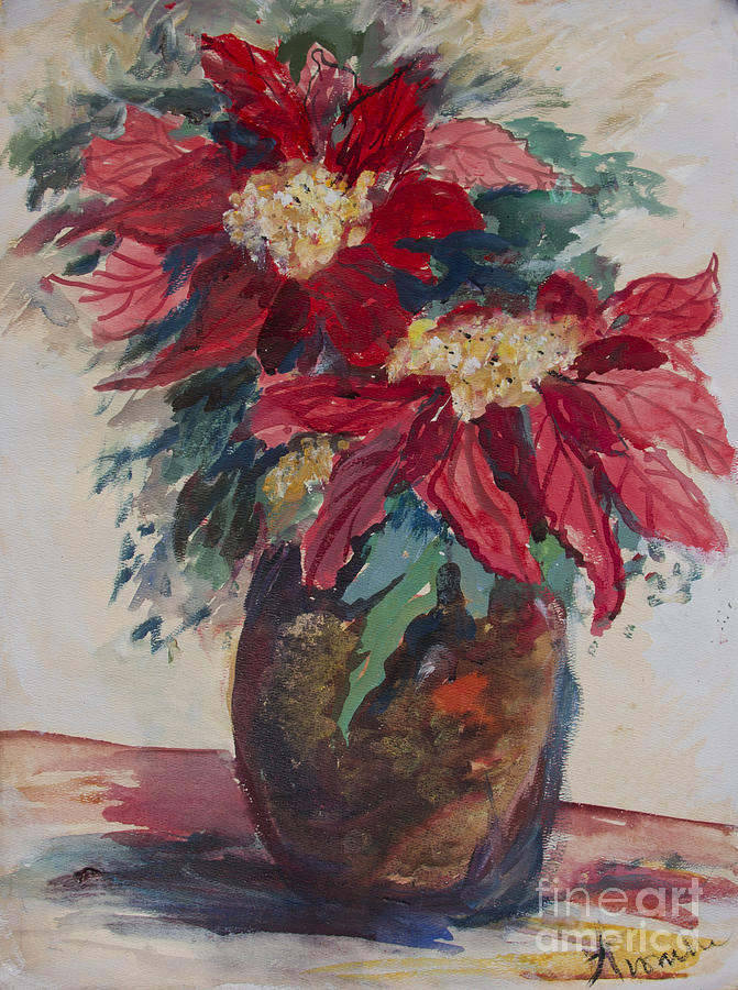 671x900 Poinsettias In A Brown Vase Painting By Avonelle Kelsey