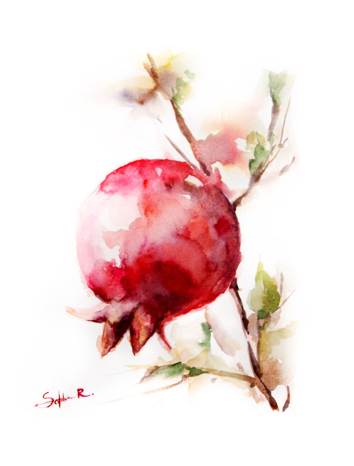 1140x1500 Red Pomegranate Watercolor Painting Art Print 9x12, Tree, Autumn
