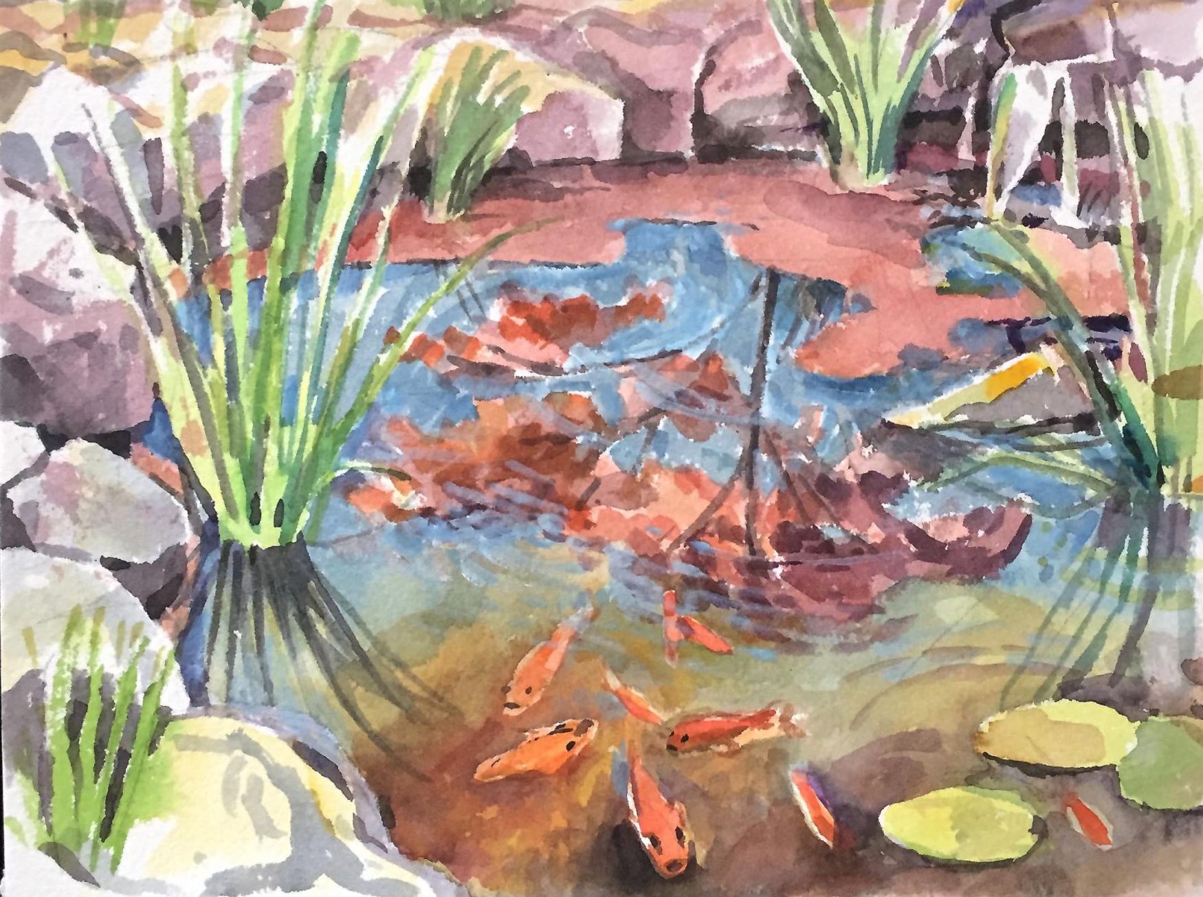 1750x1305 Koi Pond, Watercolor Painting By Abbie Rabinowitz