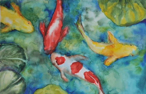 570x369 Tuquoise Koi Pond Watercolor Painting On Paper Red Gold Etsy