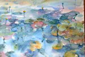 300x200 Watercolor Painting Aquarelle Hand Painted Water Lily Pond For