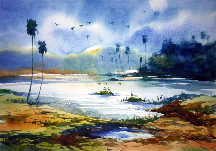 690x482 Village Pond By Artist Prasanta Maiti Impressionism, Painting