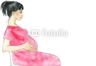 400x275 Painting Pregnant Asian Woman. Watercolor Beauty Young Lady