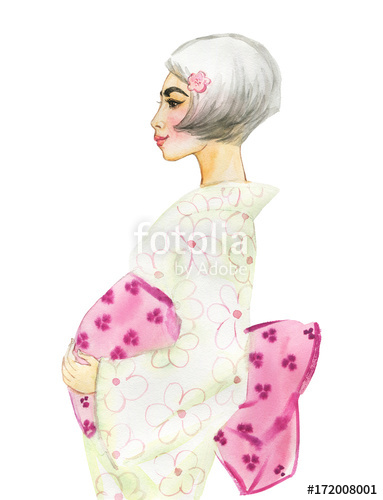 383x500 Watercolor Pregnant Asian Woman. Hand Drawn Beauty Japanese Lady