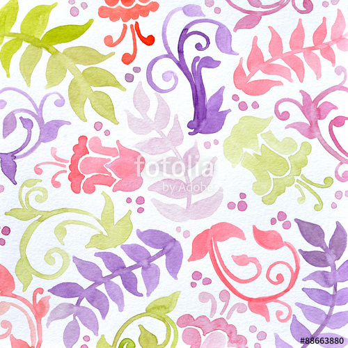 500x500 Floral Pattern Watercolor Painting In Green Yellow And Purple Pink