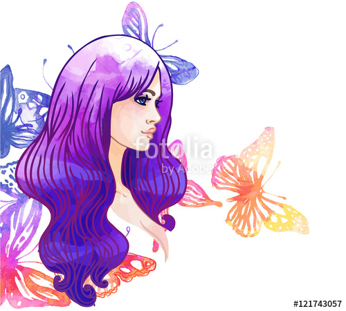 500x450 Amazing Watercolor Background With Pretty Girl And Butterfly