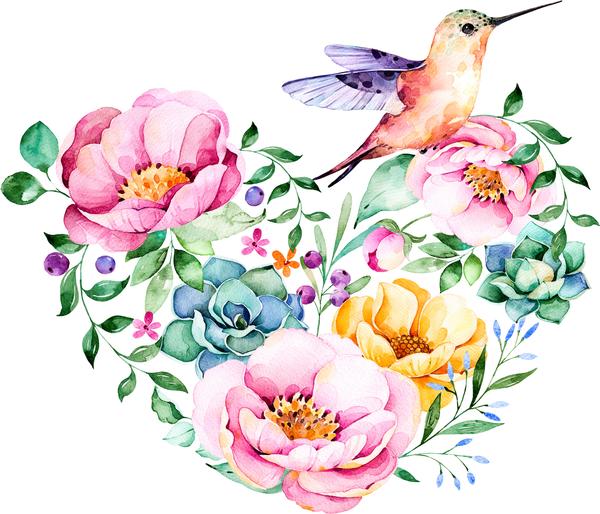 600x514 Pretty Watercolor Flower Hummingbird Heart Cartoon Vinyl Decal