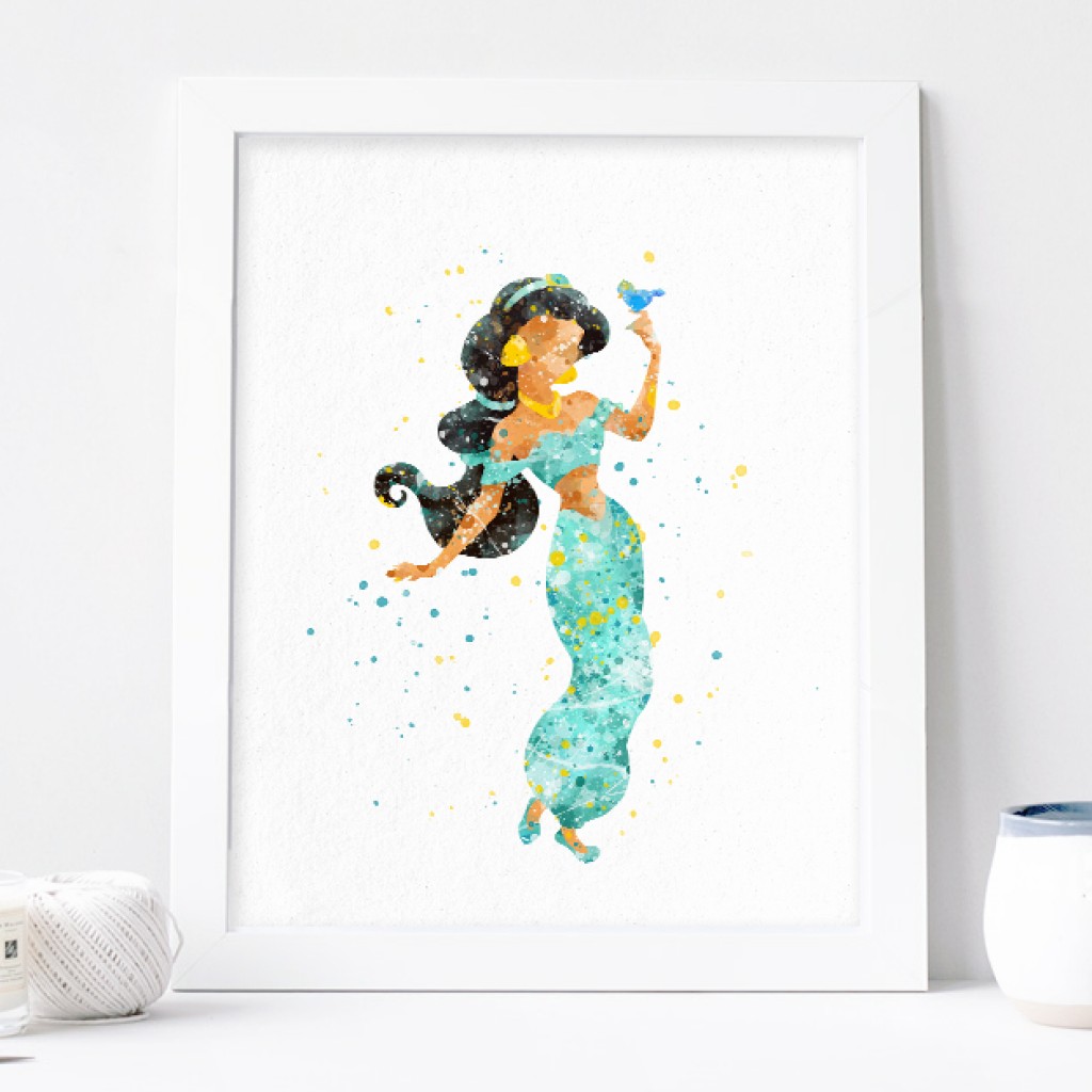 1024x1024 Princess Jasmine Art, Aladdin Watercolor Print Nursery Wall Decor