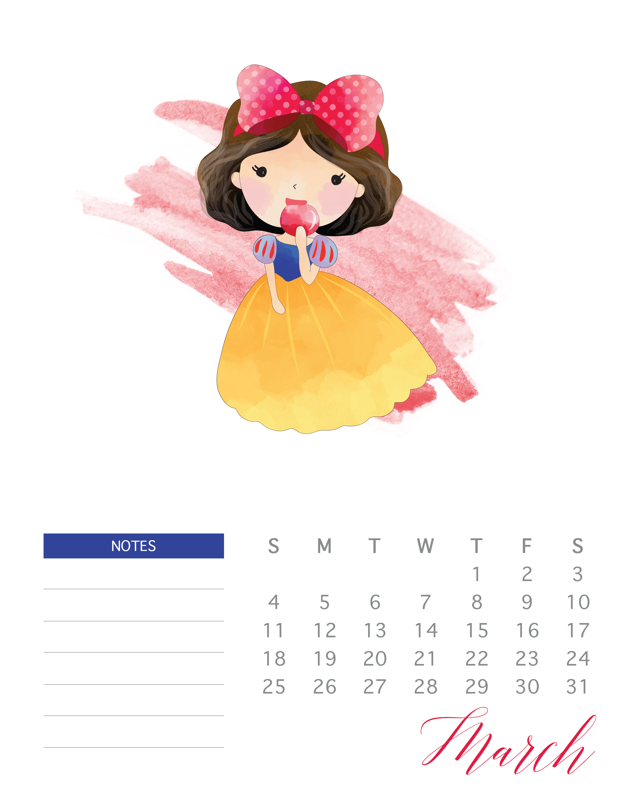 2400x3000 Free Printable Watercolor Princess Calendar The Cottage Market