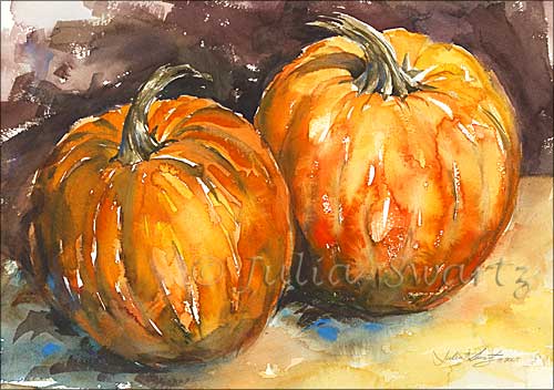 500x352 Julia Swartz Fine Art Gallery Two Pumpkins Watercolor Painting