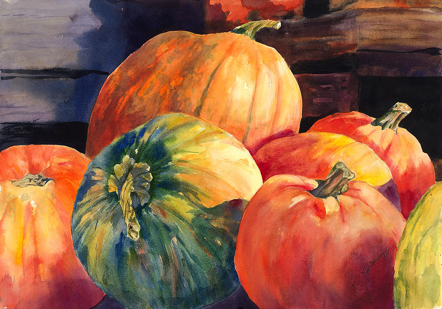 900x630 Pumpkins And Green Pumpkin Painting By Hilda Vandergriff