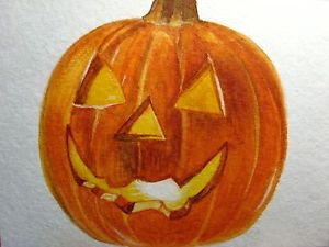300x225 Watercolor Painting Halloween Pumpkin Jack O Lantern Spooky Face