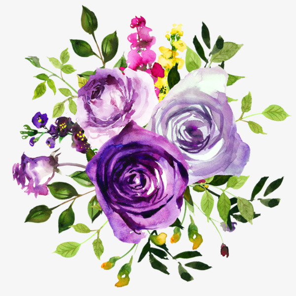 600x600 Purple Roses, Watercolor, Green Leaves, Yellow Flowers Png Image